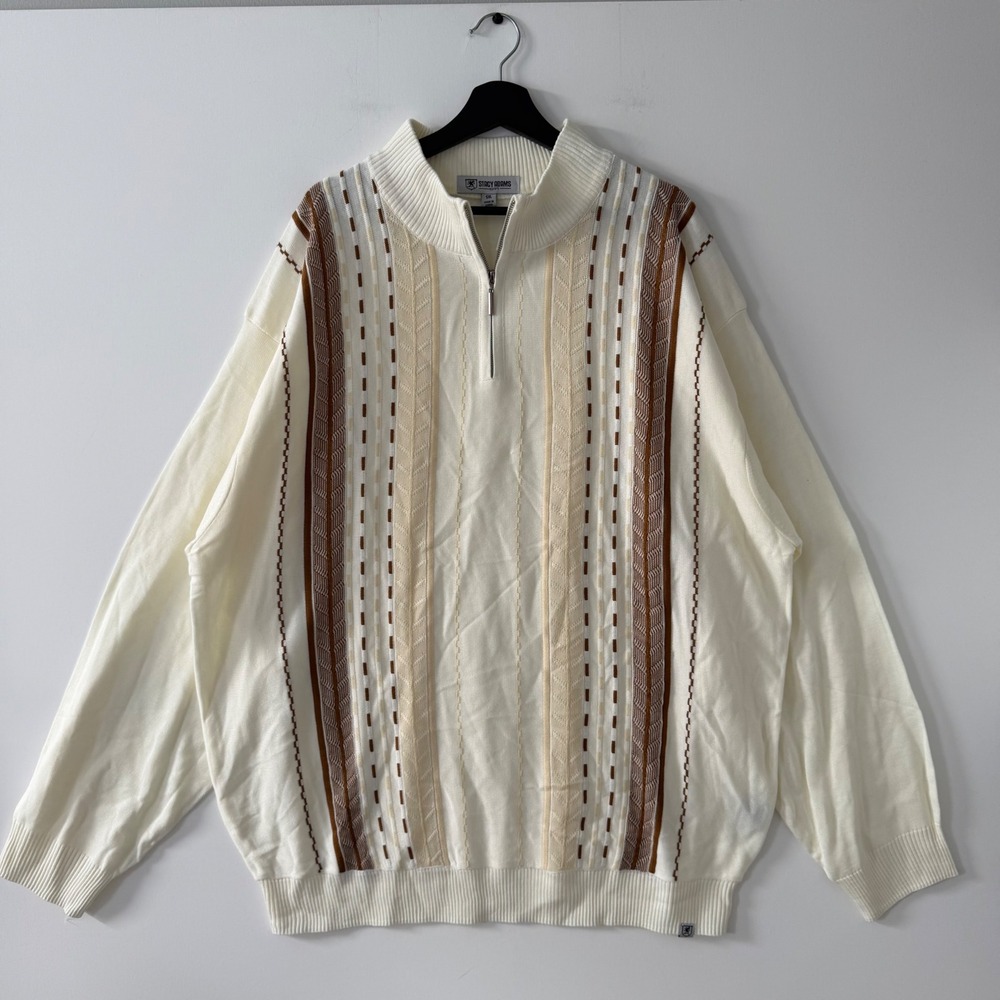 Stacy Adams Mens 5XL Quarter Zip Sweater Cream Brown Striped Acrylic Knit